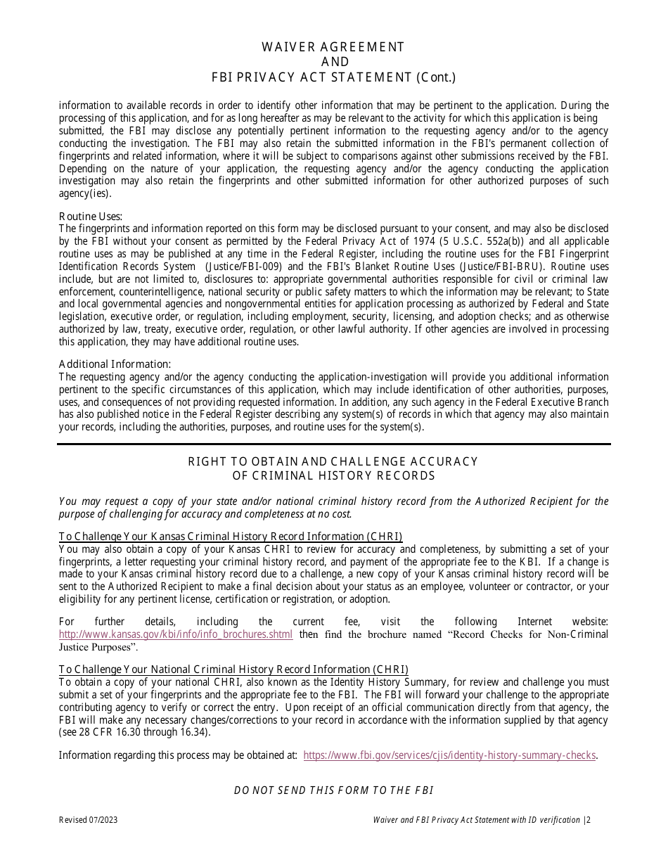 Waiver Agreement and Fbi Privacy Act Statement - Kansas, Page 3