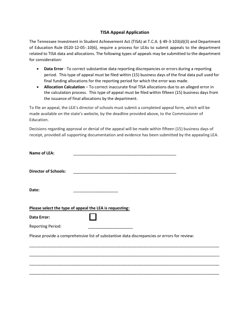 Tisa Appeal Application - Tennessee Download Pdf