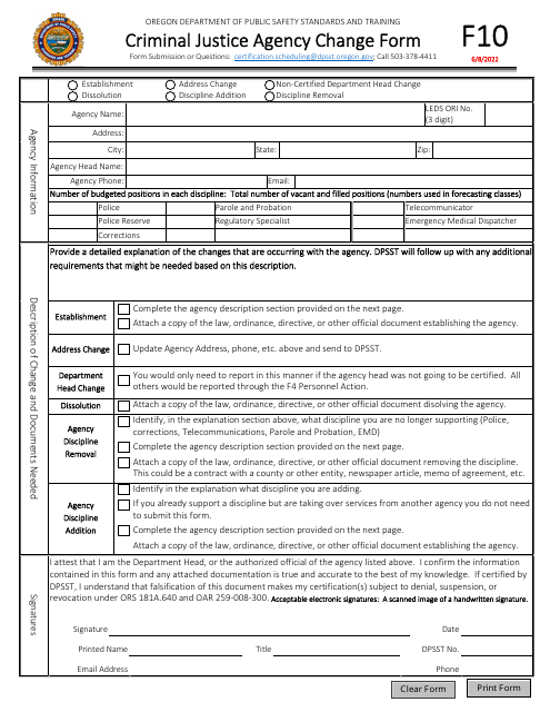 Form F10 Criminal Justice Agency Change Form - Oregon