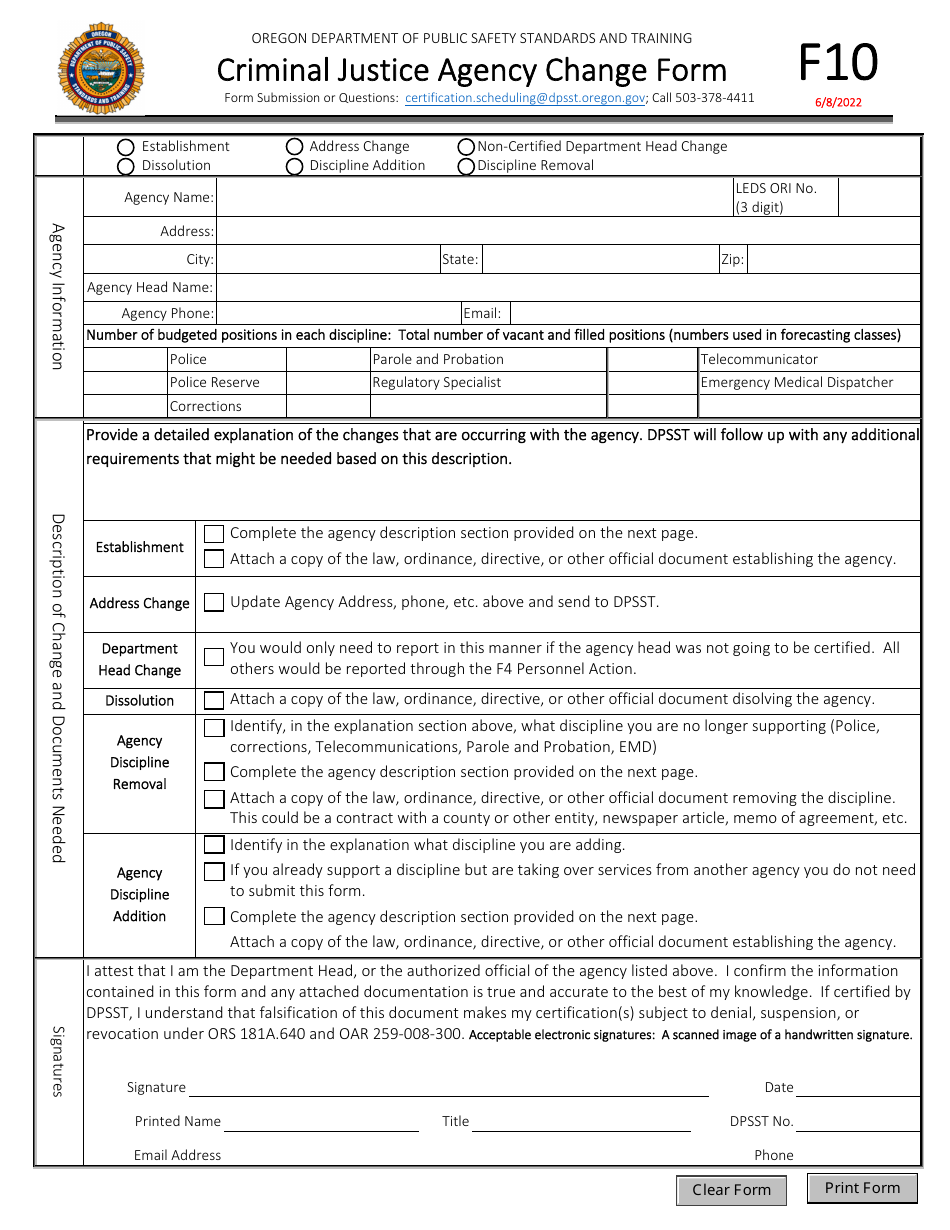 Form F10 Criminal Justice Agency Change Form - Oregon, Page 1