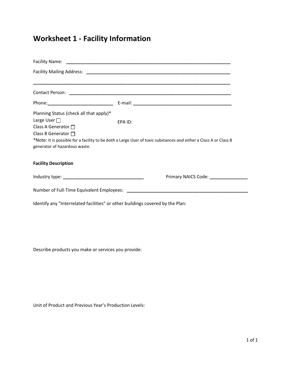 Complete Plan - Worksheets 1-10 - Toxic Use and Hazardous Waste Reduction (Tuhwr) - Vermont, Page 1