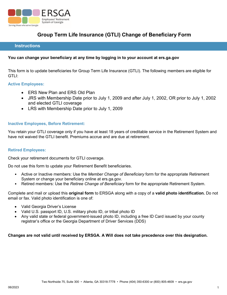 Form I1-LRS Group Term Life Insurance (Gtli) Change of Beneficiary Form - Georgia (United States), Page 1