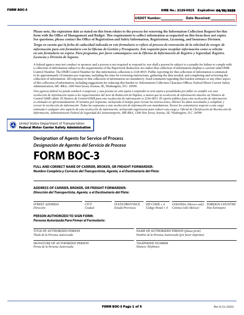 Form BOC-3 Designation of Agents for Service of Process (English/Spanish)