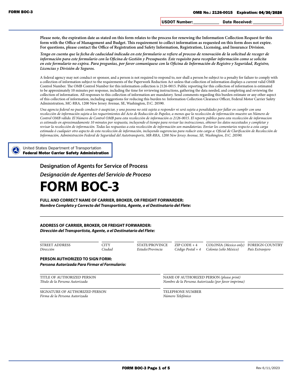 Form BOC-3 Designation of Agents for Service of Process (English / Spanish), Page 1