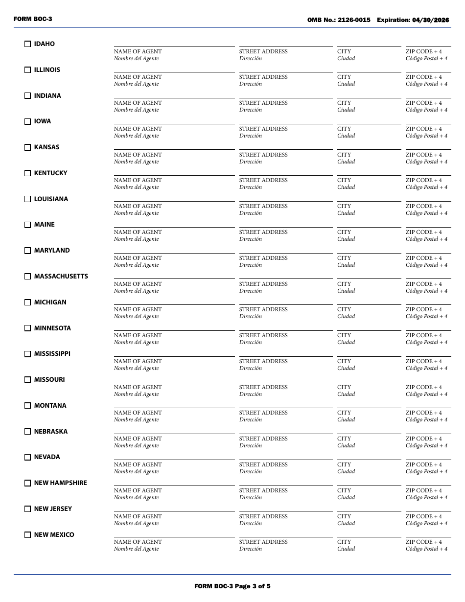 Form BOC-3 Designation of Agents for Service of Process (English / Spanish), Page 3