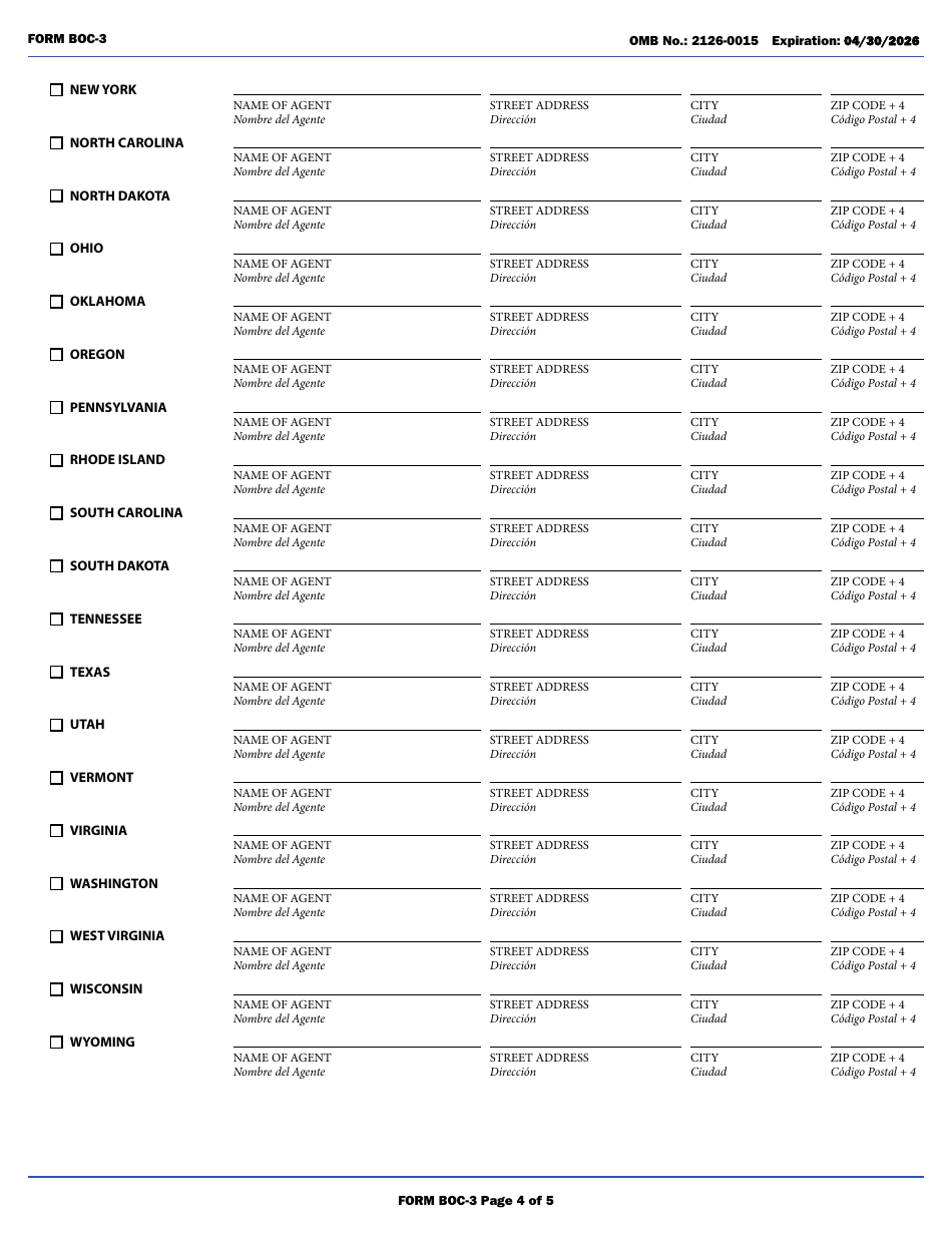 Form BOC-3 Designation of Agents for Service of Process (English / Spanish), Page 4