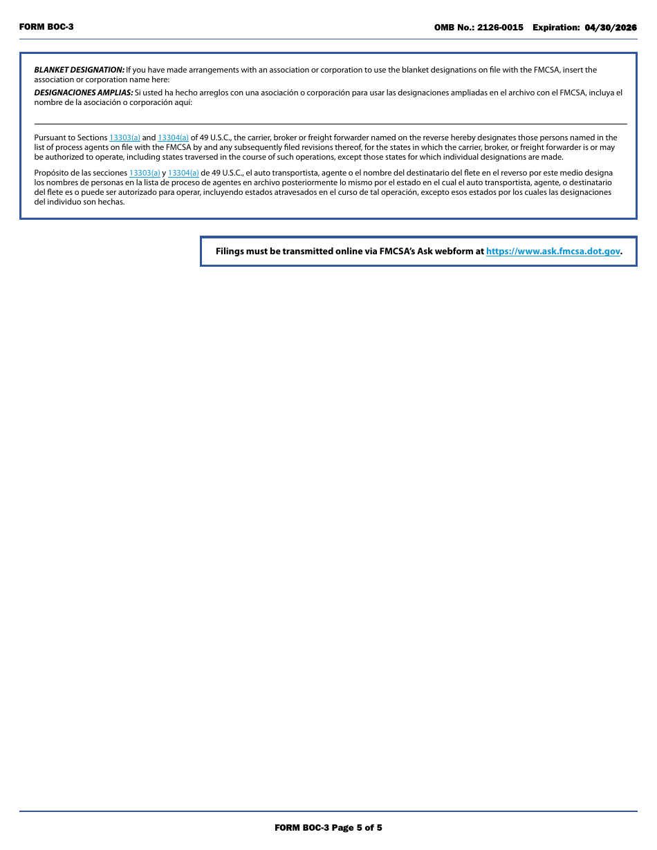 Form BOC-3 Designation of Agents for Service of Process (English / Spanish), Page 5