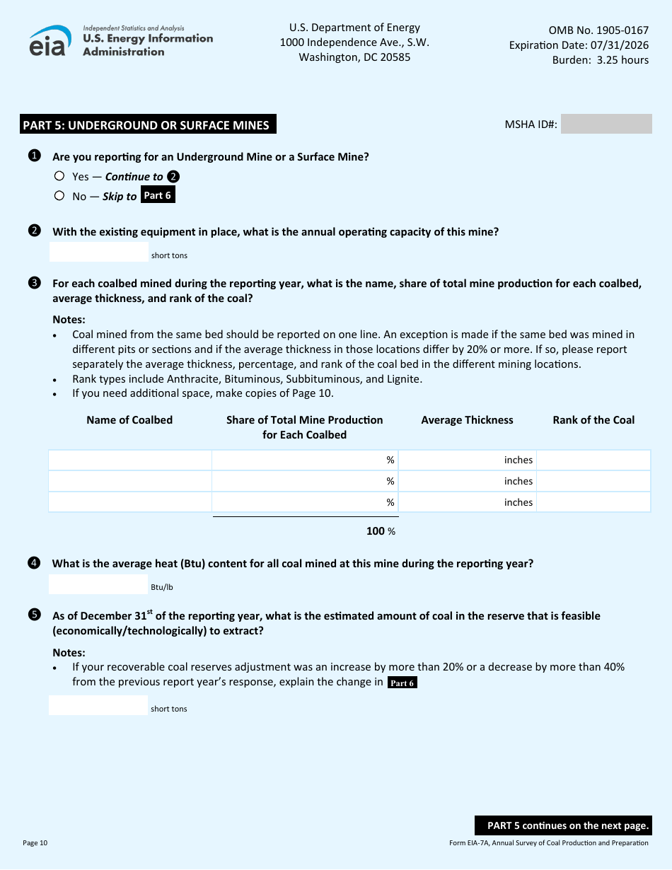 Form EIA-7A Annual Survey of Coal Production and Preparation, Page 10