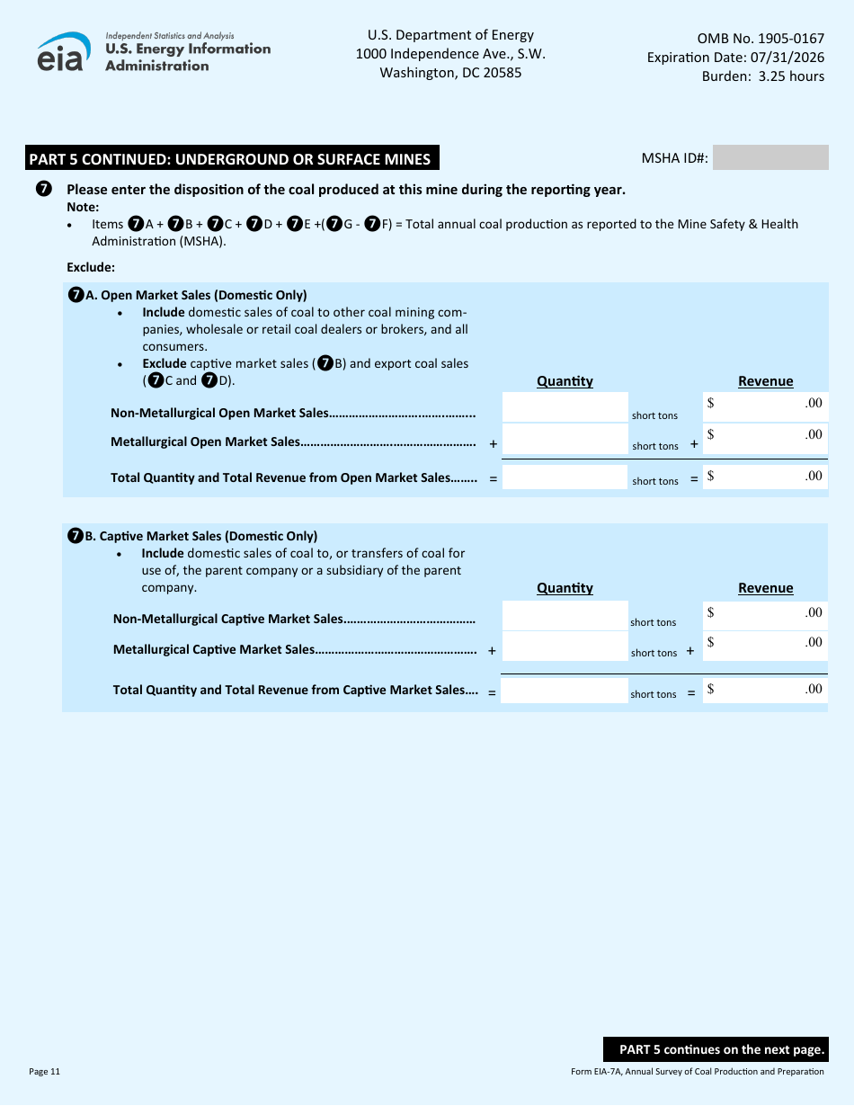Form EIA-7A Annual Survey of Coal Production and Preparation, Page 11