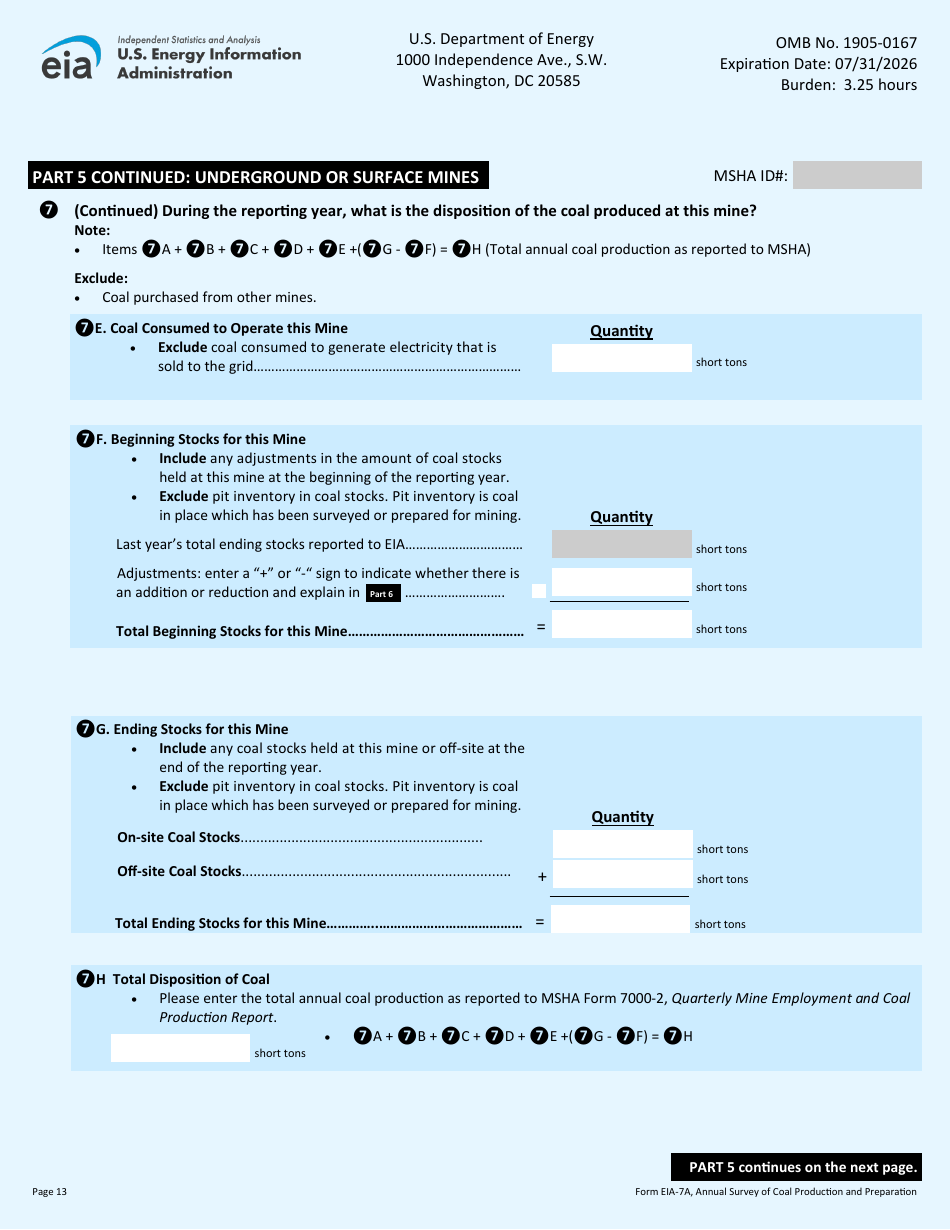 Form EIA-7A Annual Survey of Coal Production and Preparation, Page 13