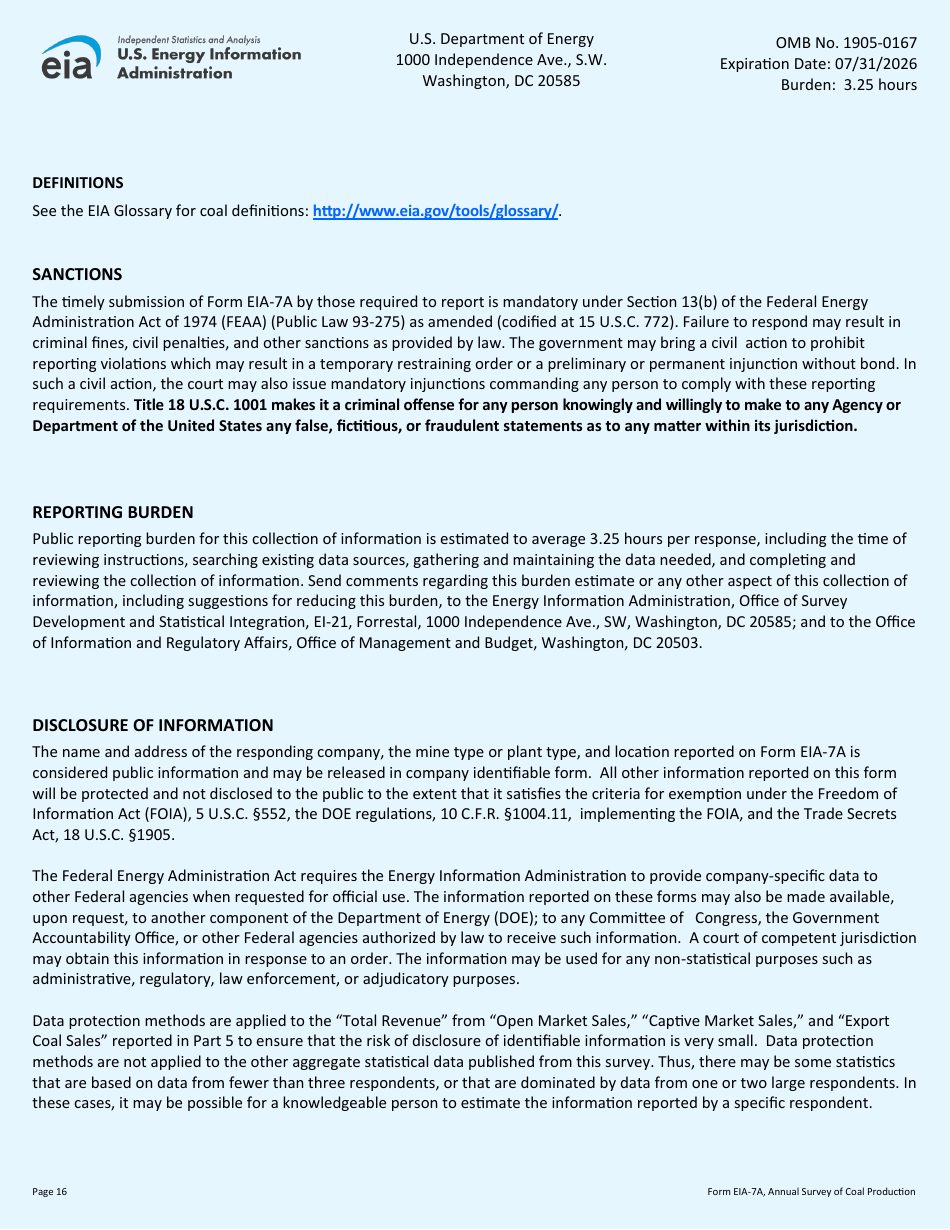 Form EIA-7A Annual Survey of Coal Production and Preparation, Page 16