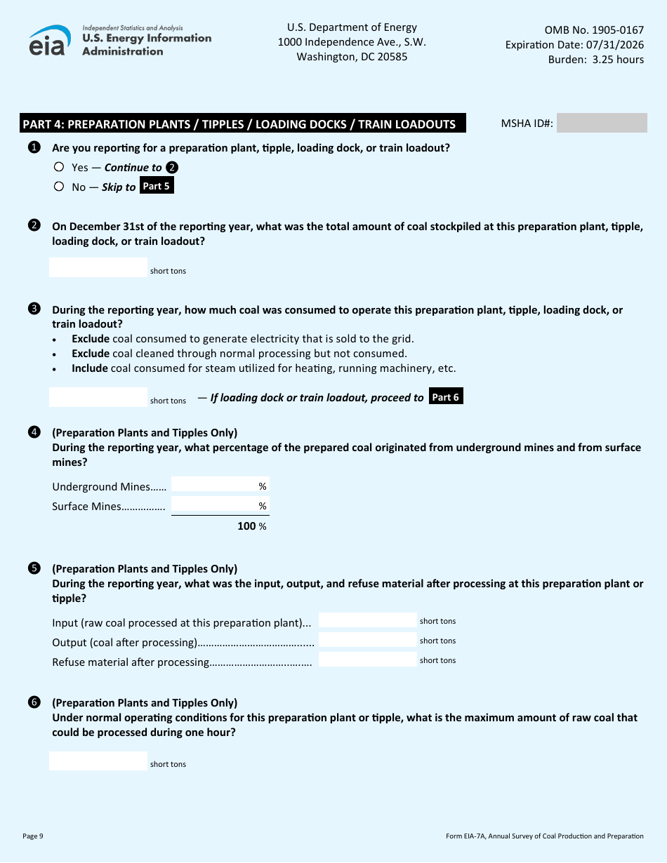 Form EIA-7A Annual Survey of Coal Production and Preparation, Page 9