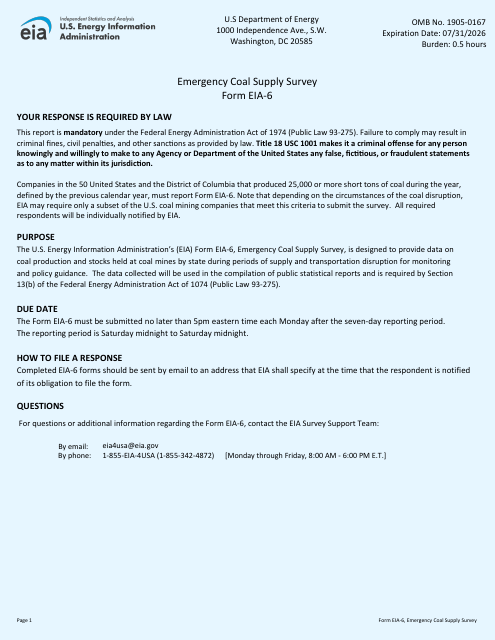 Form EIA-6 Emergency Coal Supply Survey