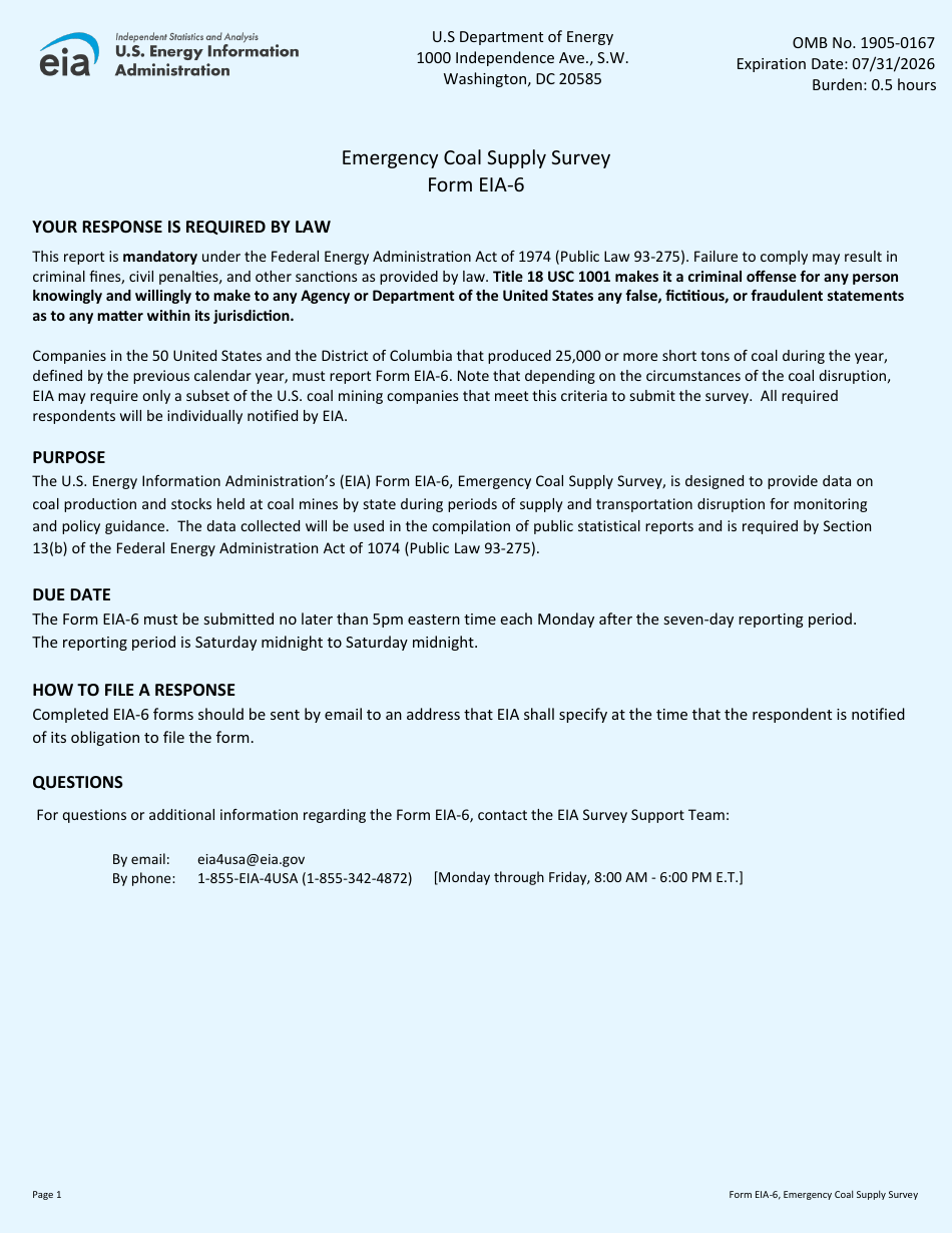 Form EIA-6 Emergency Coal Supply Survey, Page 1