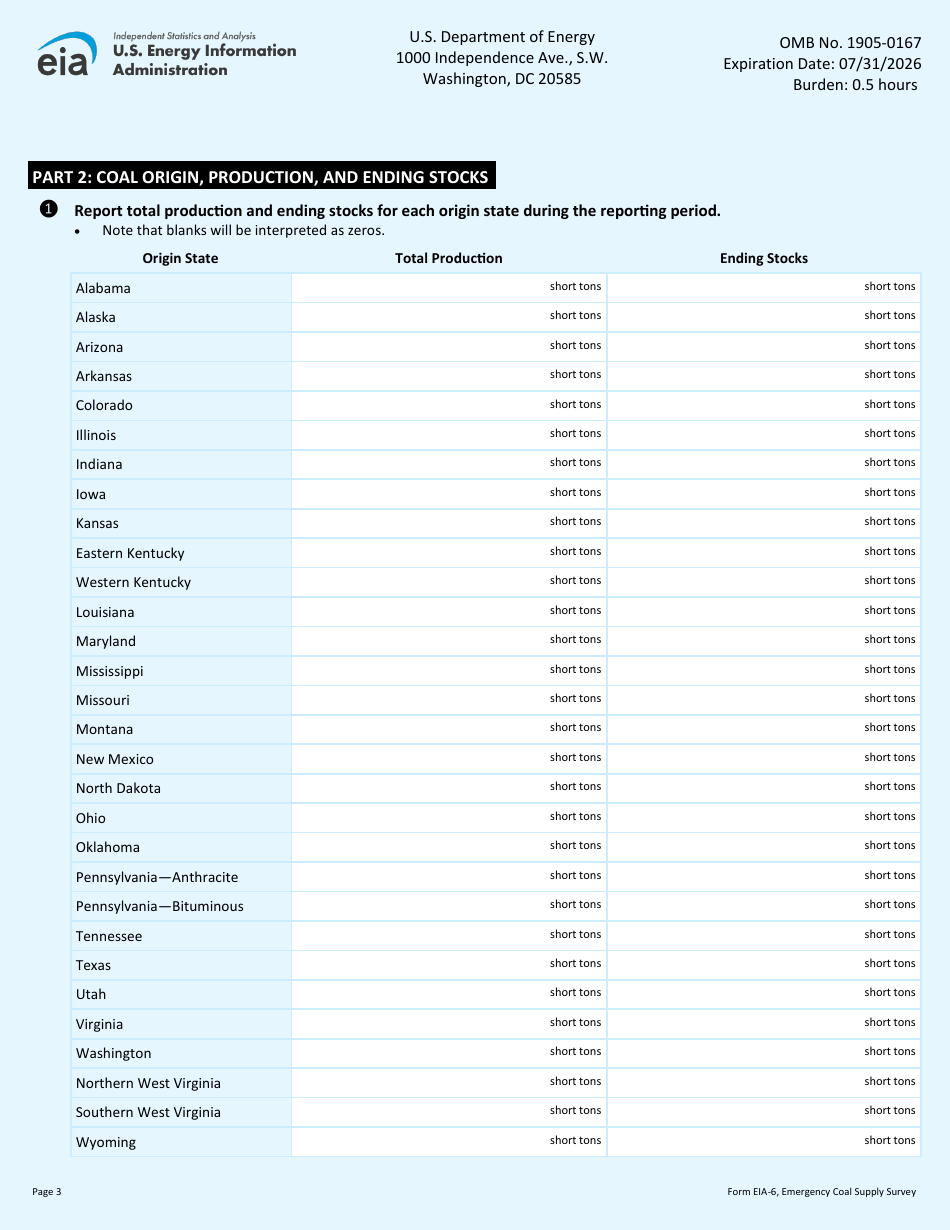 Form EIA-6 Emergency Coal Supply Survey, Page 3