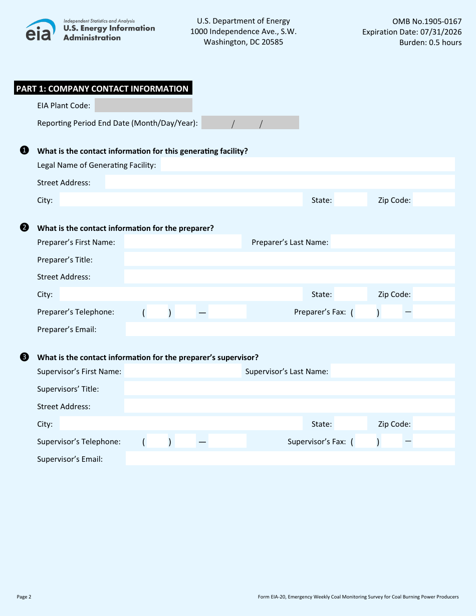 Form EIA-20 Emergency Weekly Coal Monitoring Survey for Coal Burning Power Producers, Page 2