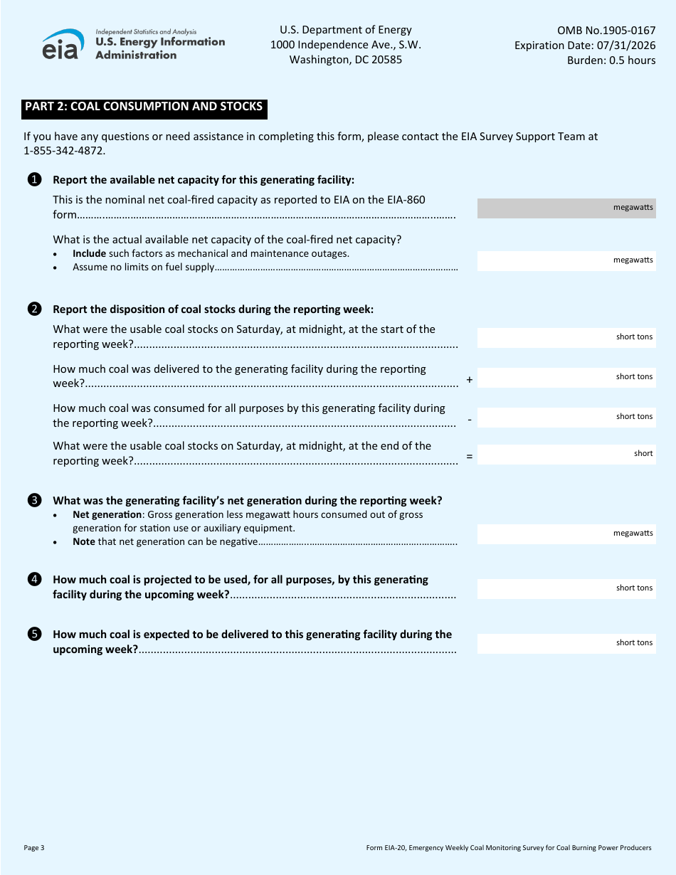Form EIA-20 Emergency Weekly Coal Monitoring Survey for Coal Burning Power Producers, Page 3