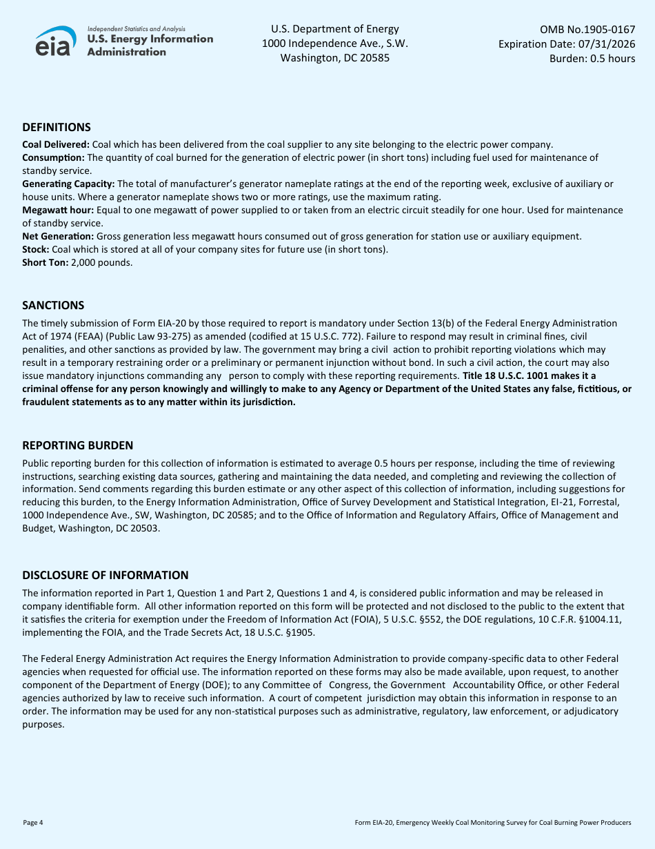 Form EIA-20 Emergency Weekly Coal Monitoring Survey for Coal Burning Power Producers, Page 4
