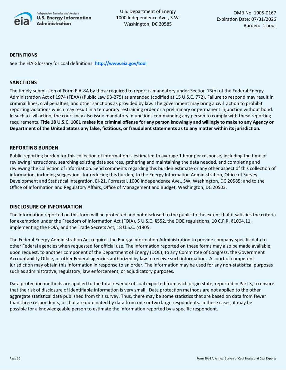 Form EIA-8A Annual Survey of Coal Stocks and Coal Exports, Page 10