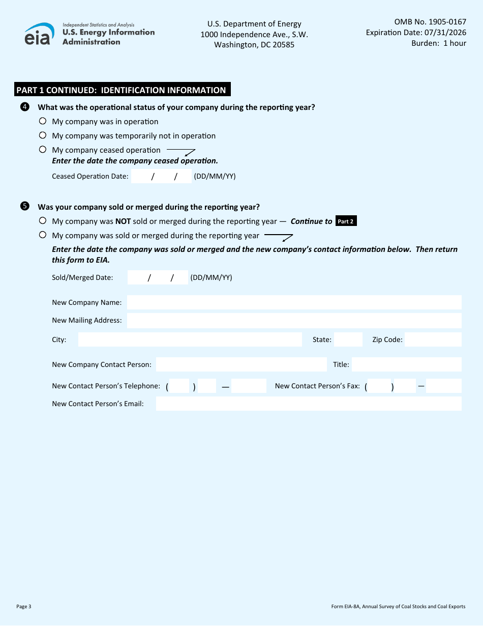 Form EIA-8A Annual Survey of Coal Stocks and Coal Exports, Page 3