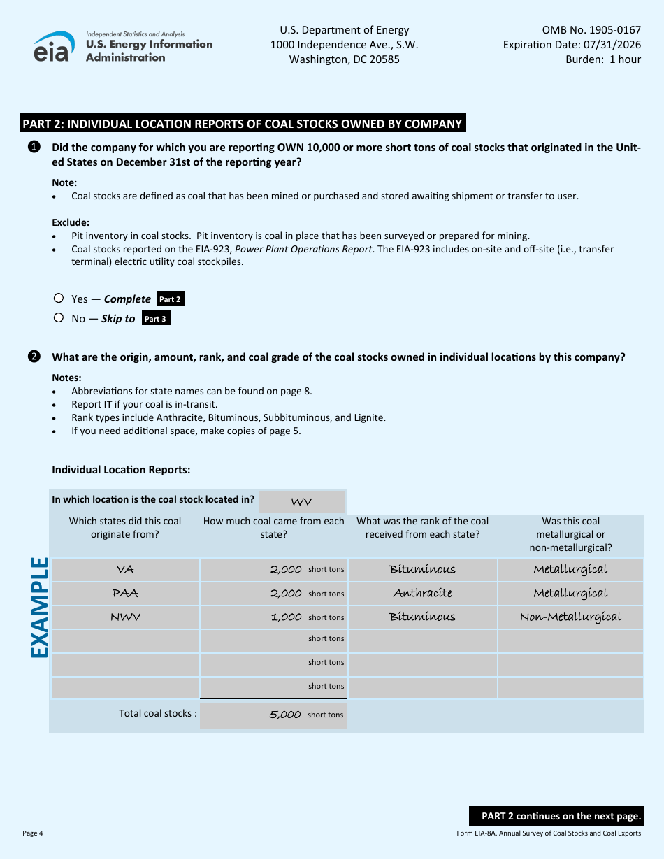 Form EIA-8A Annual Survey of Coal Stocks and Coal Exports, Page 4