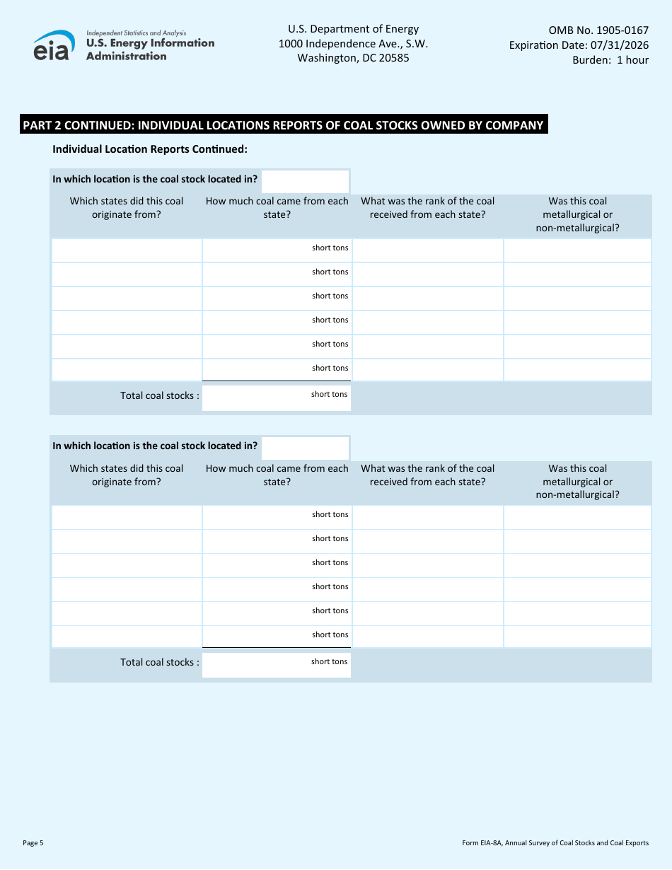 Form EIA-8A Annual Survey of Coal Stocks and Coal Exports, Page 5