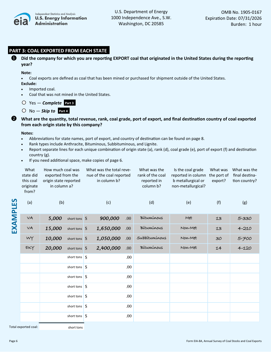 Form EIA-8A Annual Survey of Coal Stocks and Coal Exports, Page 6