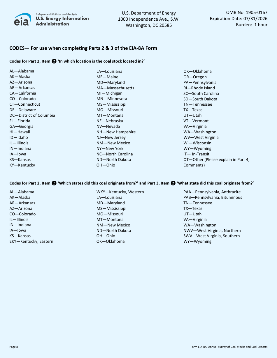 Form EIA-8A Annual Survey of Coal Stocks and Coal Exports, Page 8