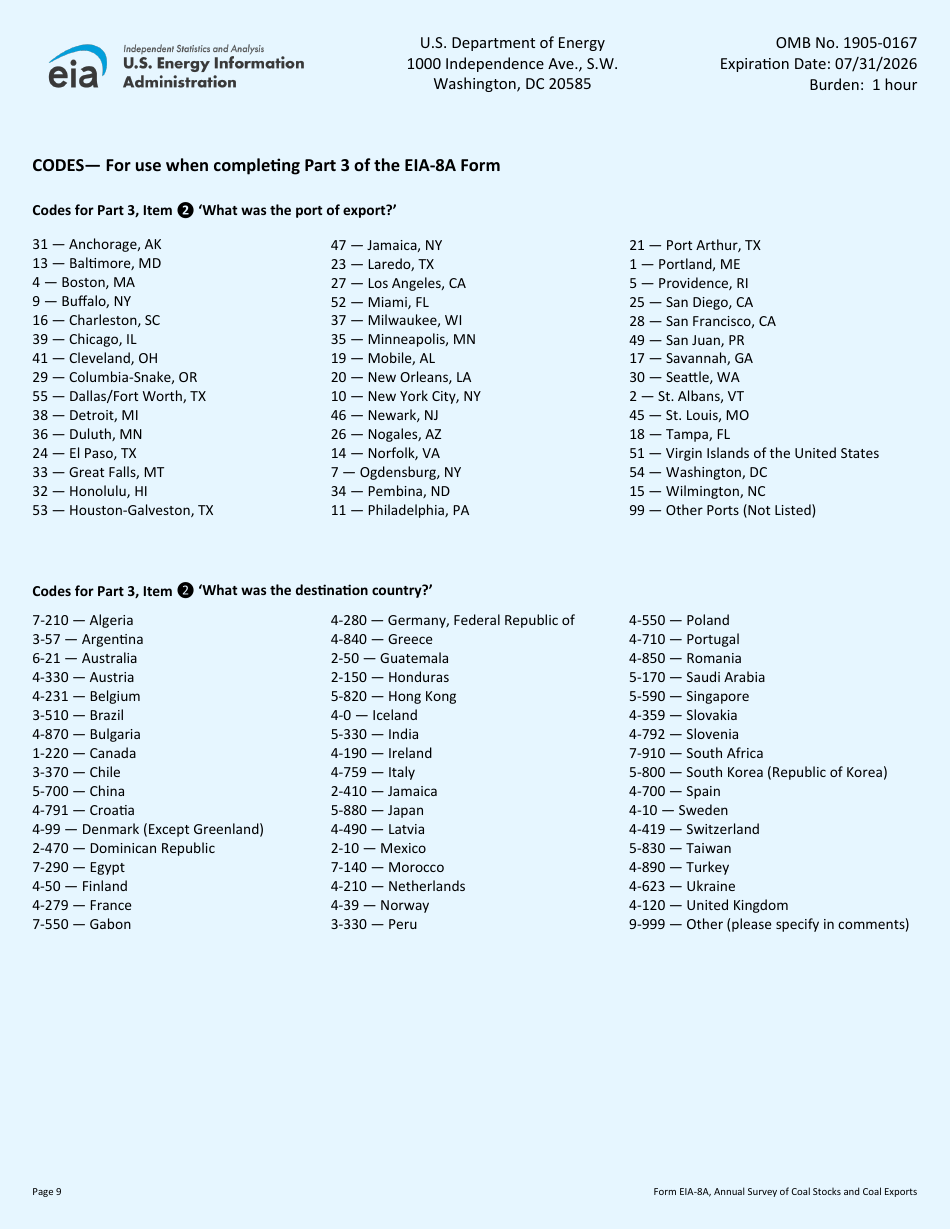 Form EIA-8A Annual Survey of Coal Stocks and Coal Exports, Page 9