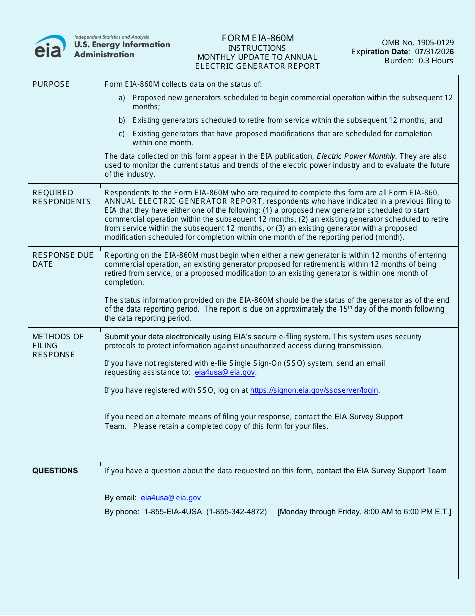 Instructions for Form EIA-860M Monthly Update to Annual Electric Generator Report, Page 1