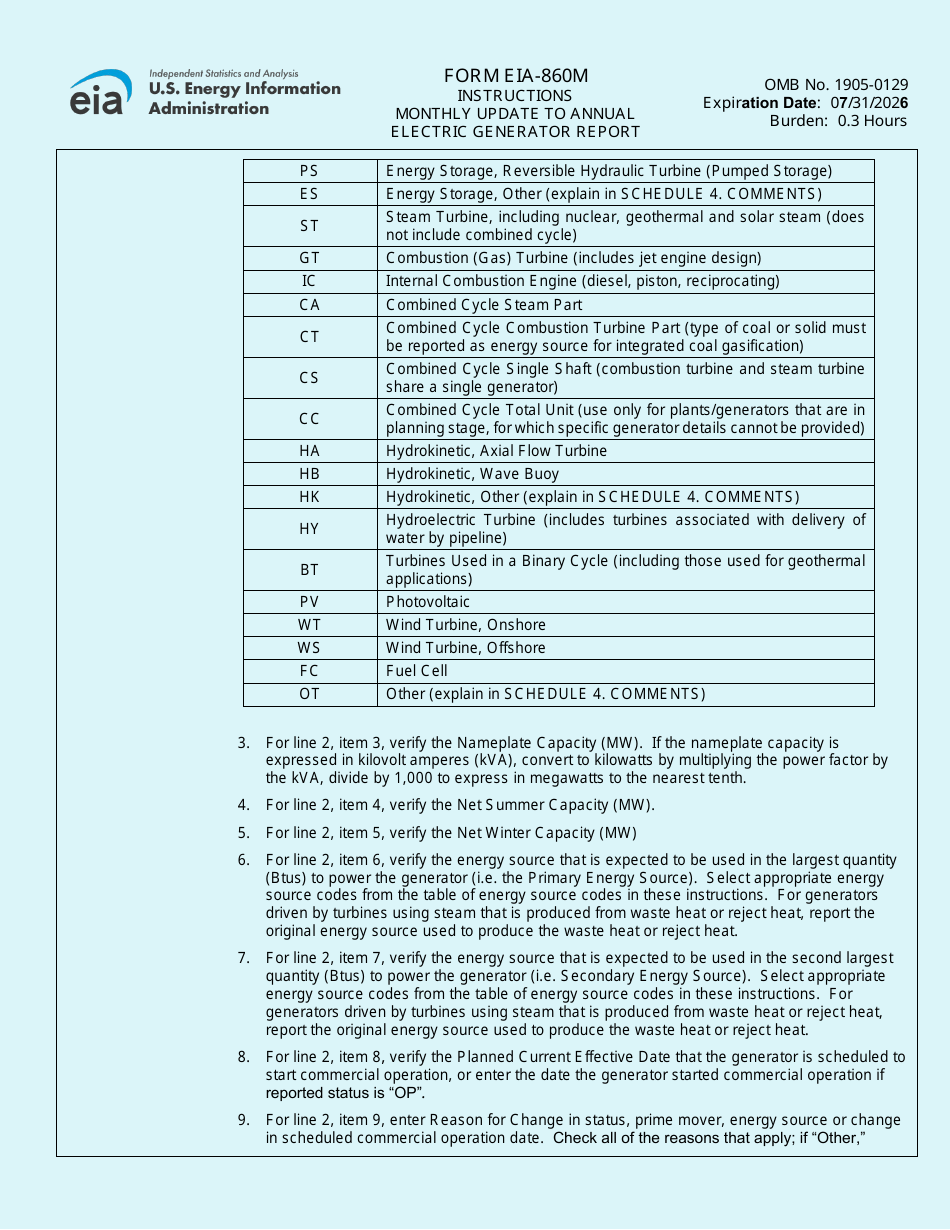 Instructions for Form EIA-860M Monthly Update to Annual Electric Generator Report, Page 3