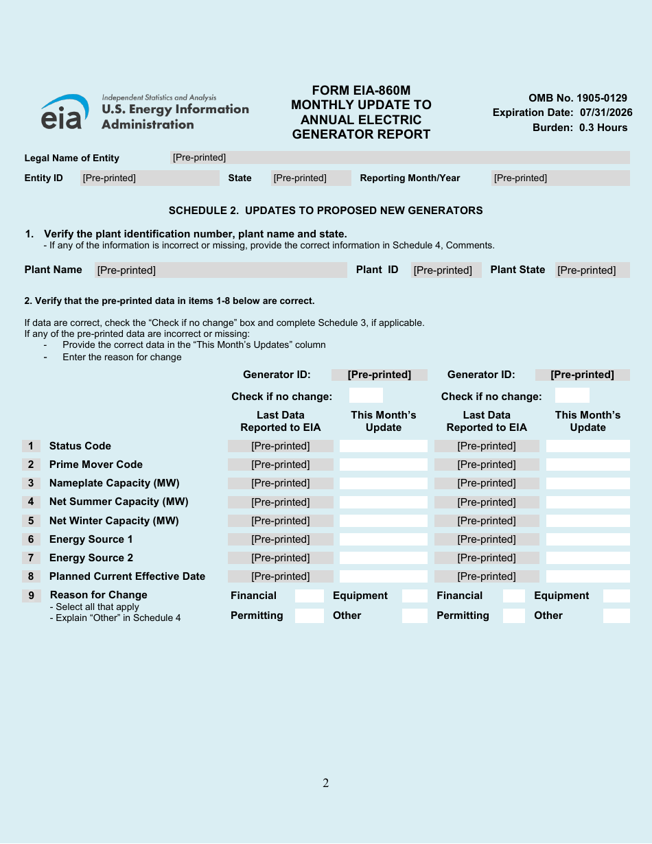Form EIA-860M Monthly Update to Annual Electric Generator Report, Page 2