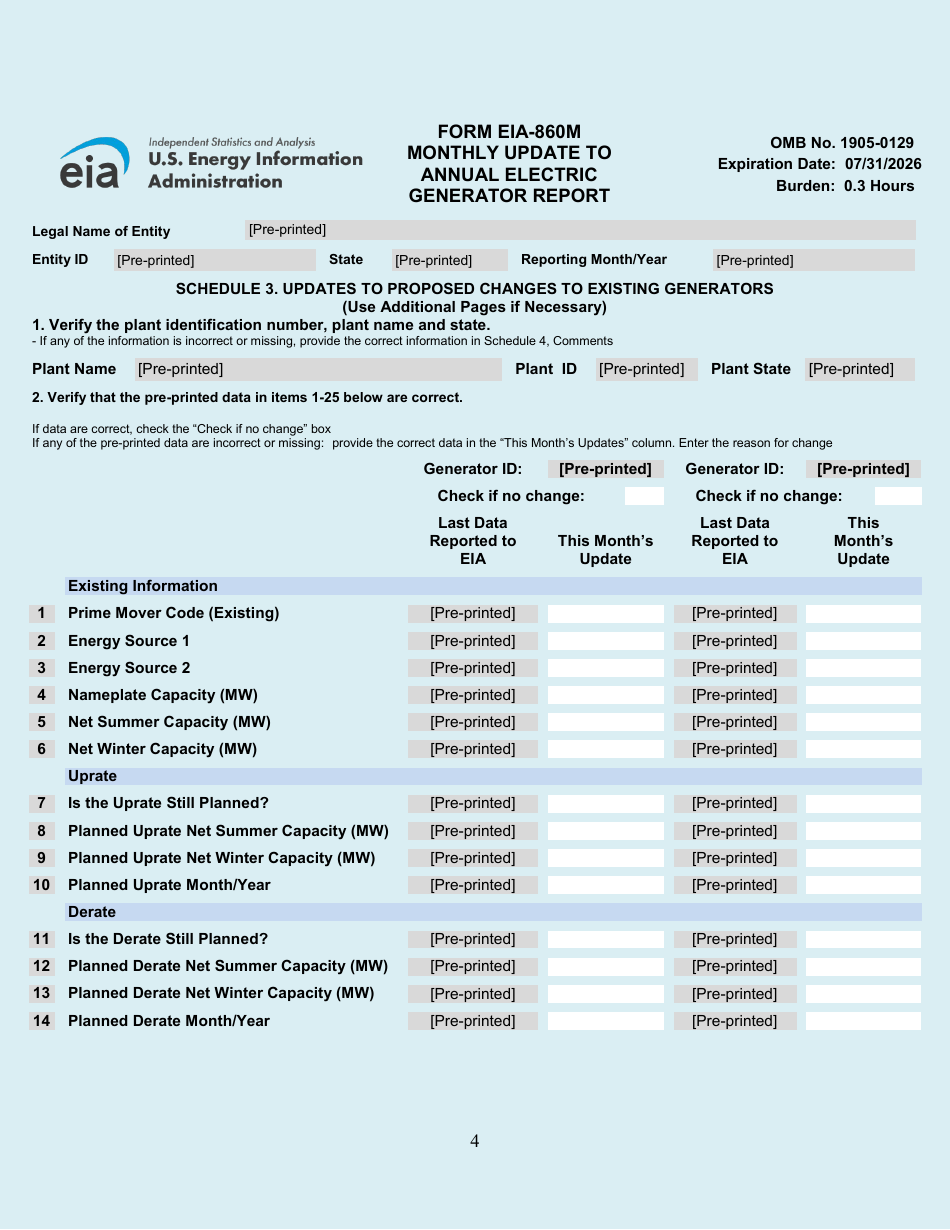 Form EIA-860M Monthly Update to Annual Electric Generator Report, Page 4