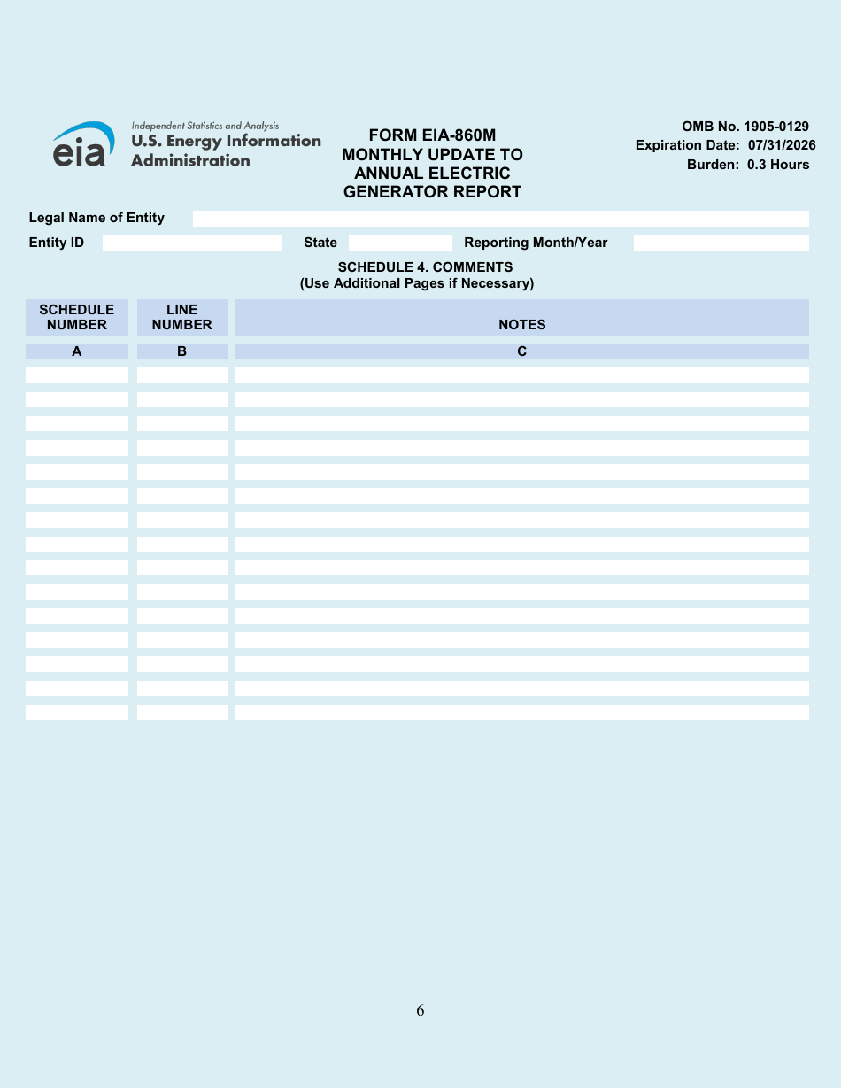 Form EIA-860M Monthly Update to Annual Electric Generator Report, Page 6