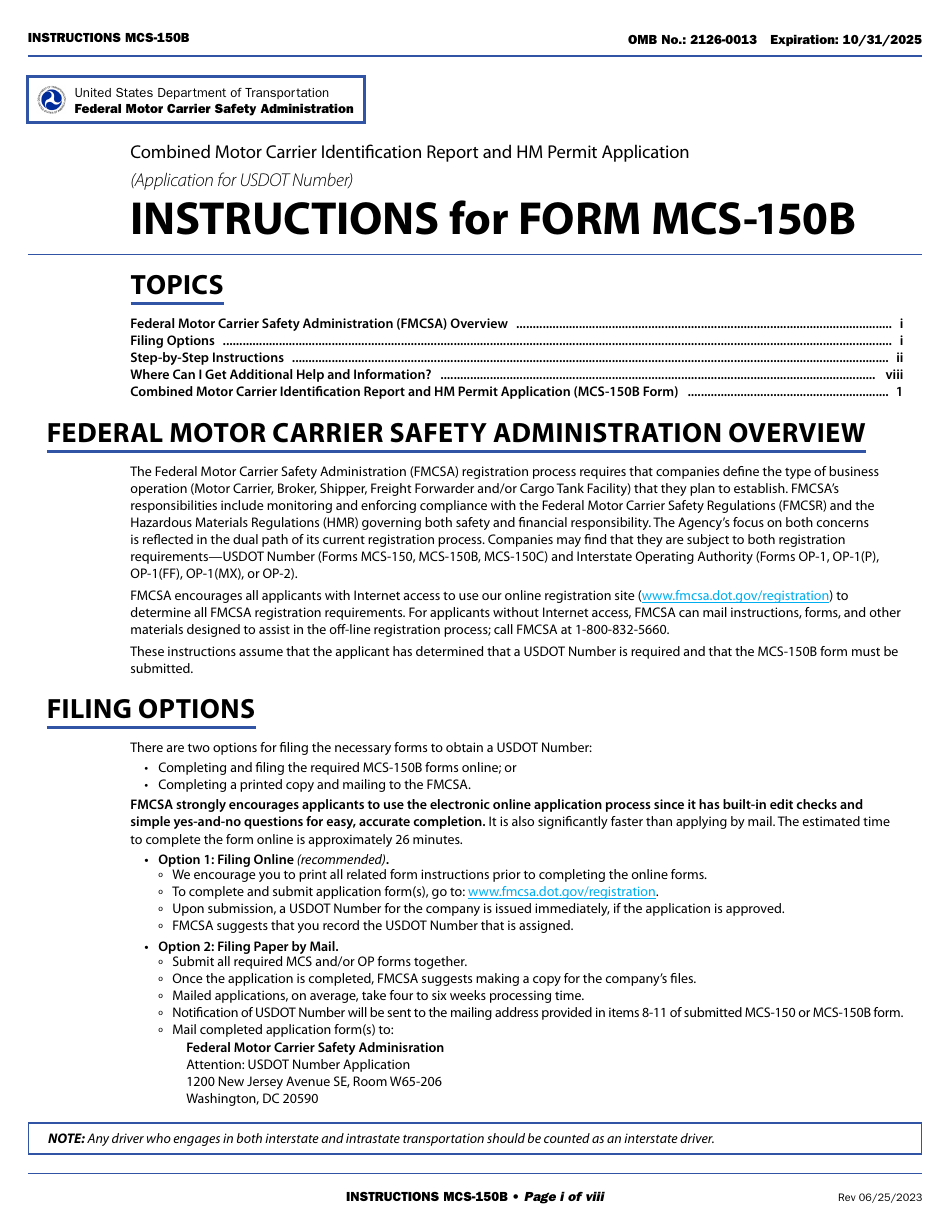 Form MCS-150B Combined Motor Carrier Identification Report and HM Permit Application, Page 1