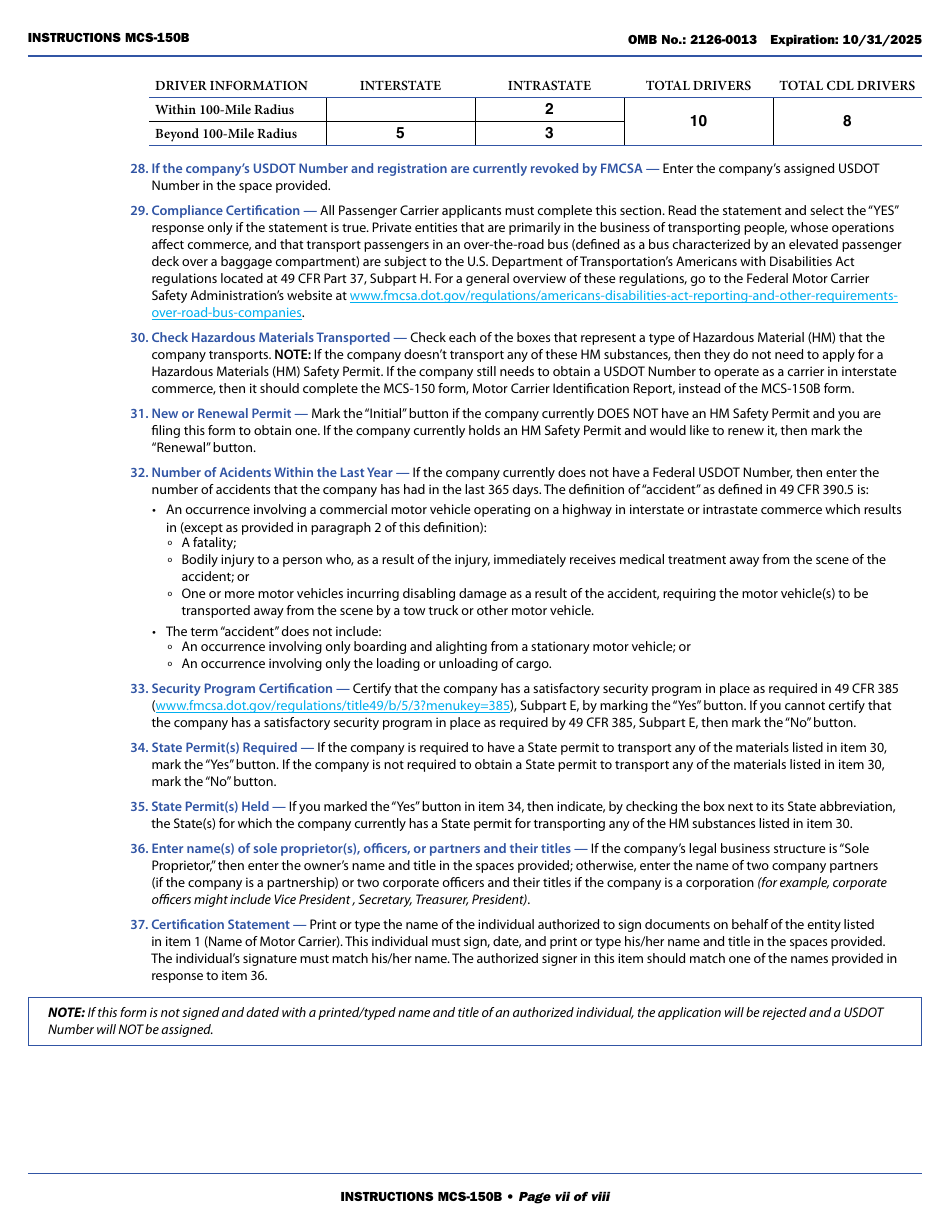 Form MCS-150B Combined Motor Carrier Identification Report and HM Permit Application, Page 7