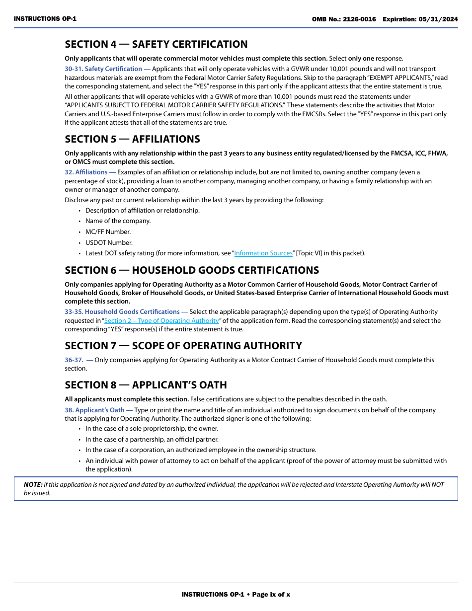 Form OP-1 Application for Motor Property Carrier and Broker Authority, Page 9