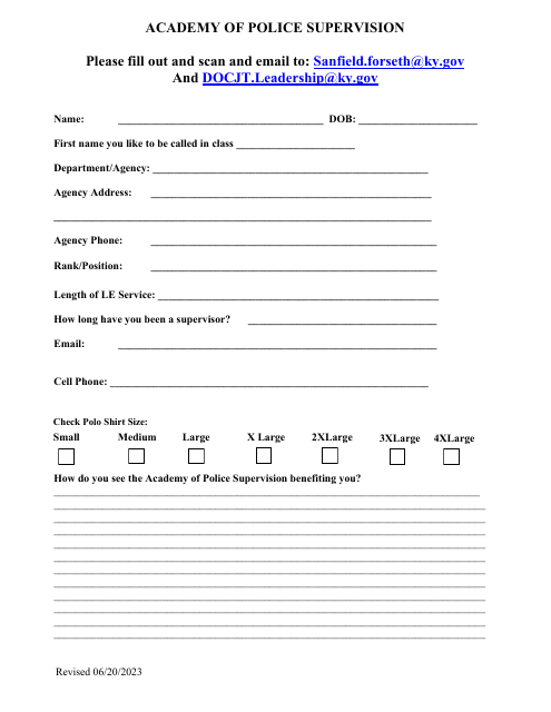 Academy of Police Supervision Application Form - Kentucky Download Pdf