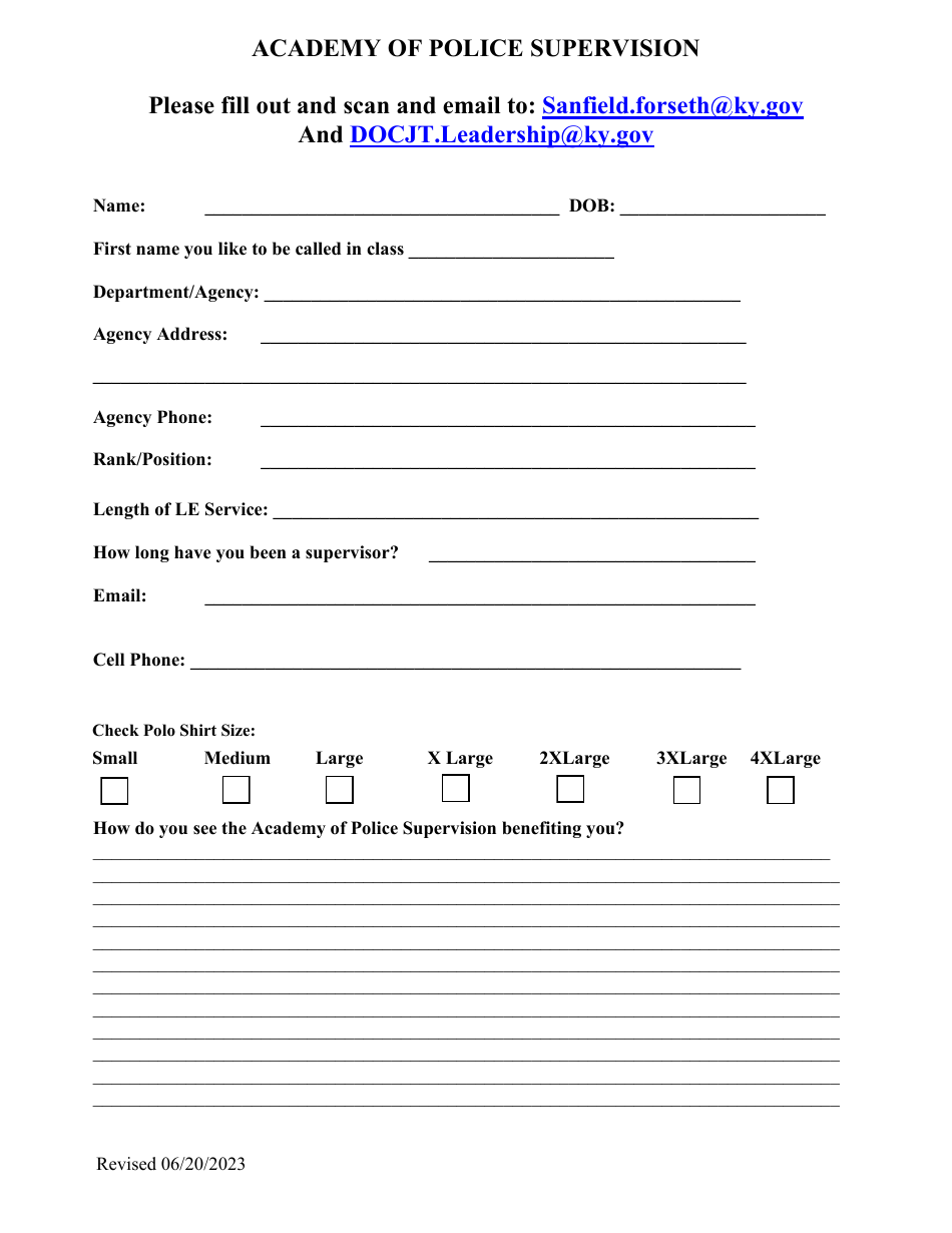 Academy of Police Supervision Application Form - Kentucky, Page 1
