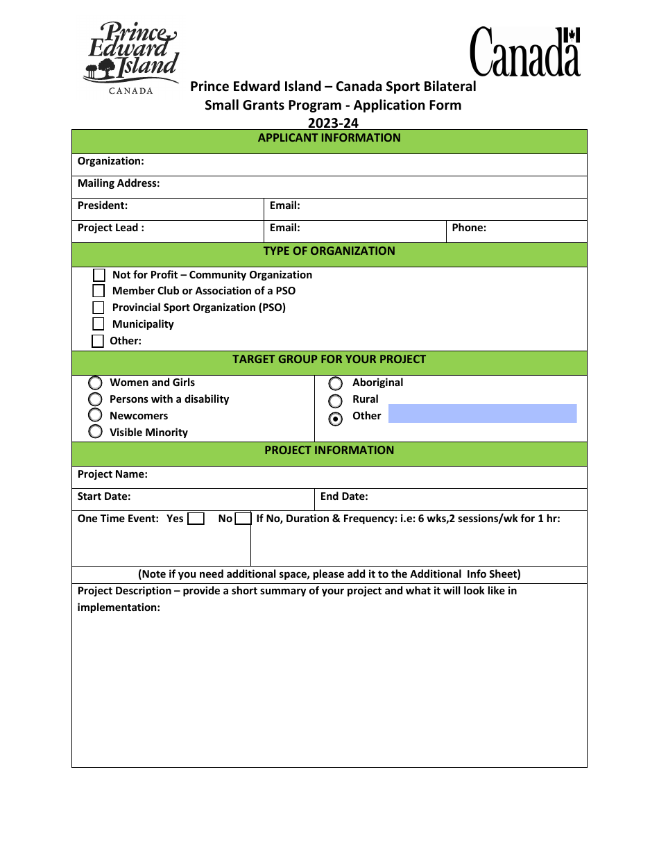 Application Form - Canada Sport Bilateral Small Grants Program - Prince Edward Island, Canada, Page 1