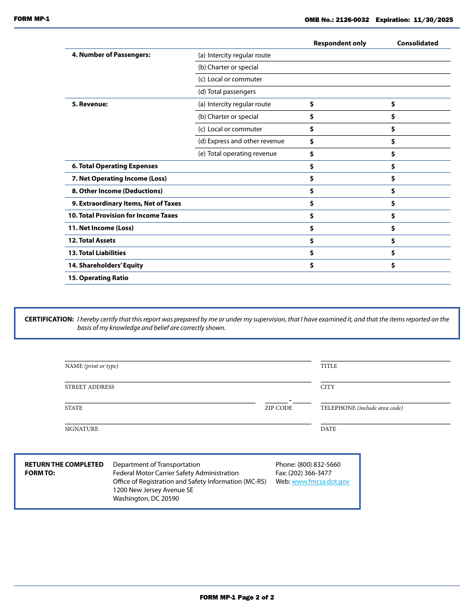 Form MP-1 Annual Report Form (Class I Motor Carriers of Passengers), Page 4