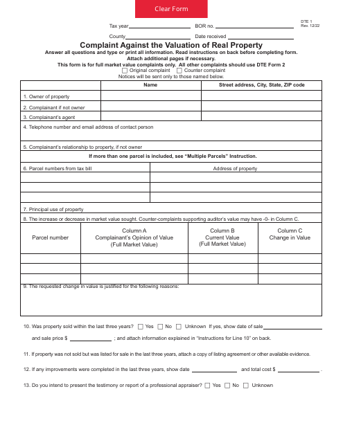 Form DTE1 Complaint Against the Valuation of Real Property - Ohio