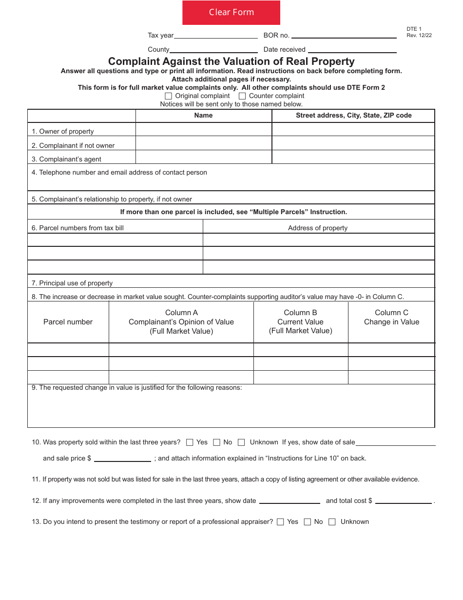 Form DTE1 Complaint Against the Valuation of Real Property - Ohio, Page 1