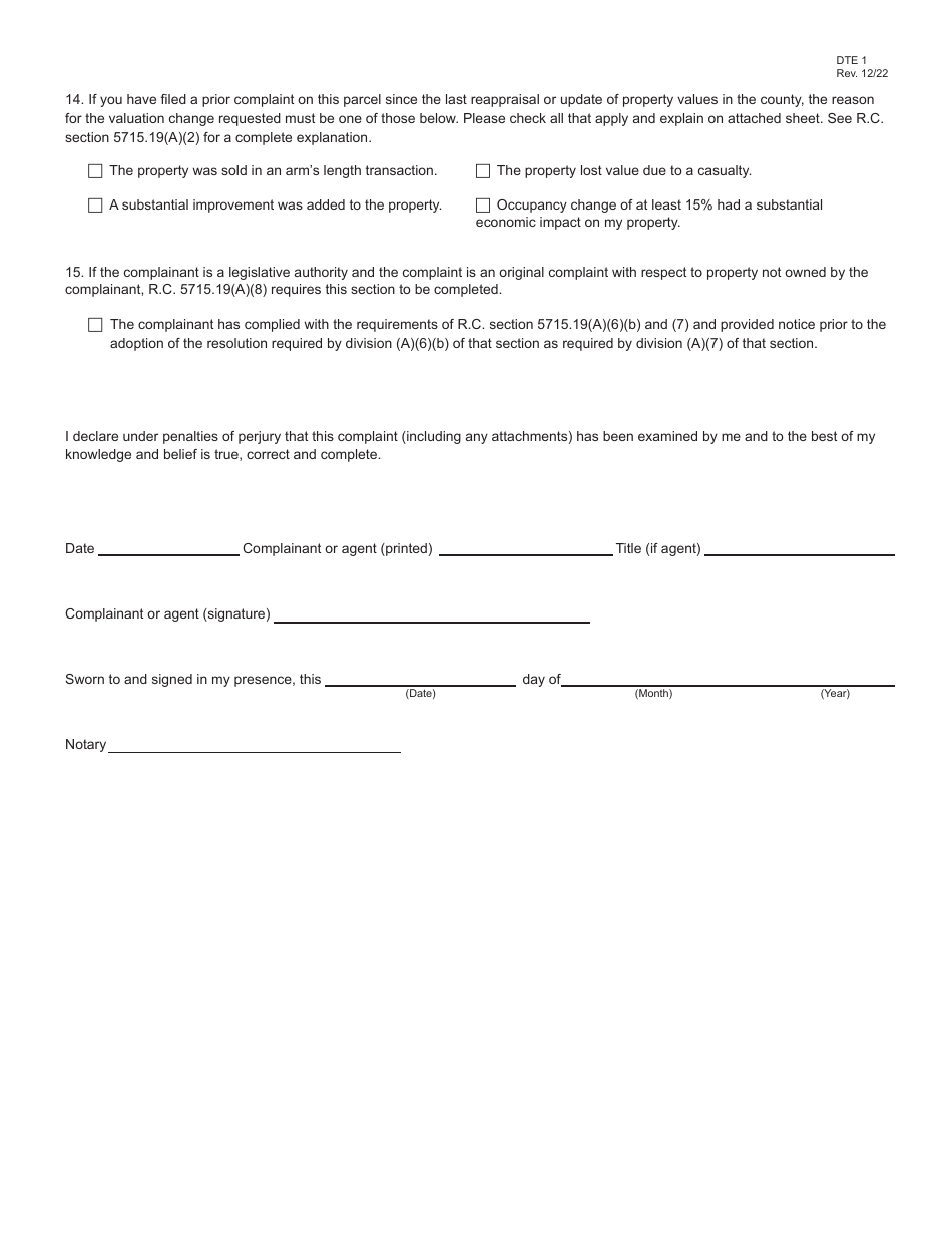 Form DTE1 Complaint Against the Valuation of Real Property - Ohio, Page 2