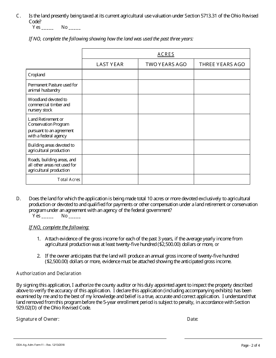 Form 11 Application for Placement of Farmland in an Agricultural District - Holmes County, Ohio, Page 2