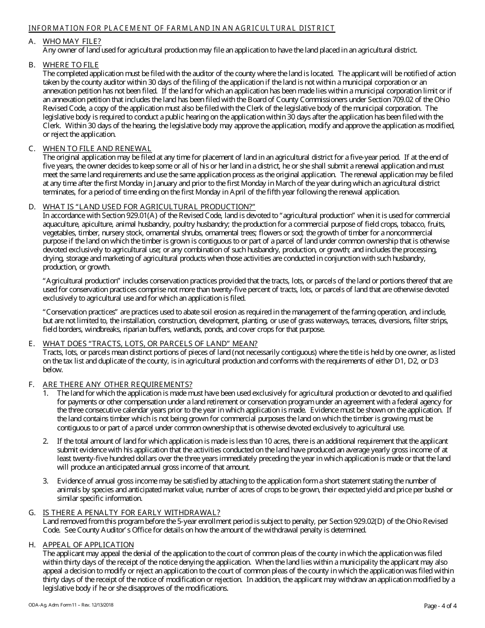 Form 11 Application for Placement of Farmland in an Agricultural District - Holmes County, Ohio, Page 4