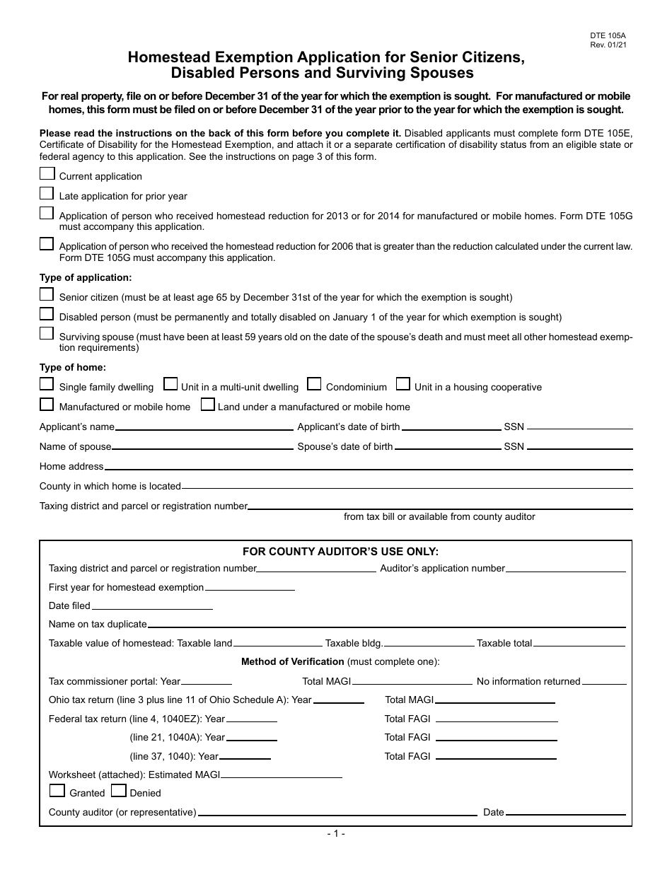 Form DTE105A Homestead Exemption Application for Senior Citizens, Disabled Persons and Surviving Spouses - Ohio, Page 1