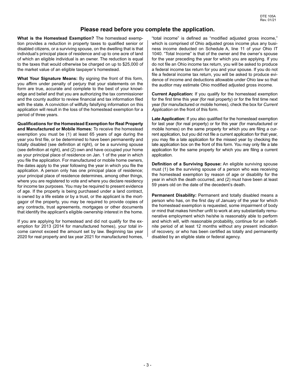Form DTE105A Homestead Exemption Application for Senior Citizens, Disabled Persons and Surviving Spouses - Ohio, Page 3