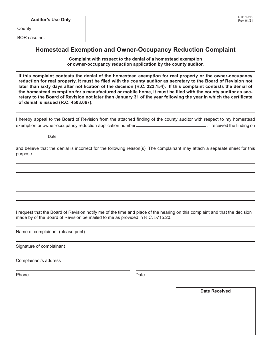 Form DTE106B Homestead Exemption and Owner-Occupancy Reduction Complaint - Ohio, Page 1