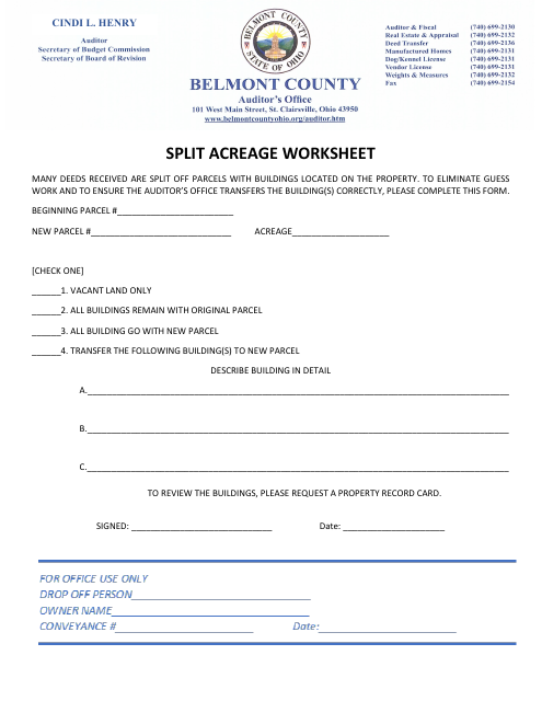 Split Acreage Worksheet - Belmont County, Ohio Download Pdf